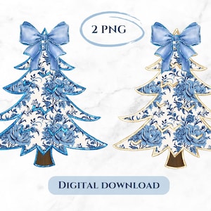 Gold Glitter Chinoiserie Christmas Tree Png Grand millennial Coquette Blue Christmas Png Toile Blue Floral Bow Preppy Christmas Png