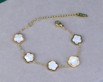 Bracelet de trèfle à 5 pétales en or non terni, bracelet de fleurs, bracelet en nacre, bracelet et collier de trèfle noir, cadeaux pour elle