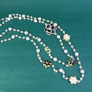 Long Pearl Necklace,Double Layered Camellia Flower Necklace,Flower Sweater Chain Necklace,White Black Pearl Long Chain Necklace,Gift for her