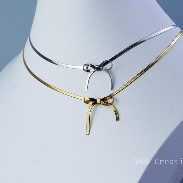 2 mm Non Tarnish Gold Silver Bow Choker Necklace,Snake Chain Necklace,Silver Bow Choker,Bow Knot Earrings Necklace Set,Waterproof Jewelry