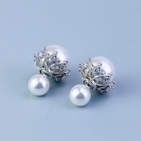 Large Double Pearl Earrings, Crystal Pearl Stud Earrings, Front Back Earrings,Silver Gold Pearl Earrings,Wedding Earrings,Bridal Earrings