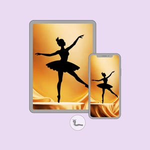 Fondo de pantalla de bailarina para teléfono y tableta: Giro elegante, Flujo dorado, Ballet bajo la luz - Descarga digital