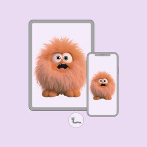 Puede incluir: Ilustración digital de un personaje de dibujos animados en una tableta y un teléfono inteligente. El personaje es una criatura esponjosa y naranja con ojos grandes y la boca abierta. Los dispositivos están sobre un fondo lila claro.