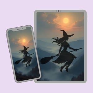 Enchanted Phone & Tablet Wallpaper – Flying Witch • Sunset Glow • Mountain Sky – Digital Download
