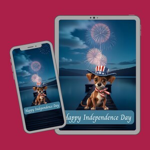 Glory Phone & Tablet Wallpaper – Independence Day •  Patriotic Pup • Fireworks – Digital Download