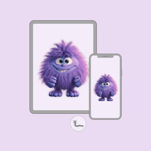 Puede incluir: Ilustración digital de un monstruo morado y peludo con grandes ojos azules y una amplia sonrisa, que se muestra en una tableta y un teléfono inteligente. El fondo es de color lila claro. Un pequeño logotipo circular con un gusano en la parte inferior.