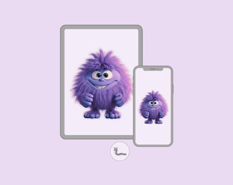 Fondo de pantalla de Fuzzlings para teléfono y tableta: Monstruo morado esponjoso • Kawaii digital • Arte divertido para teléfono – Descarga digital