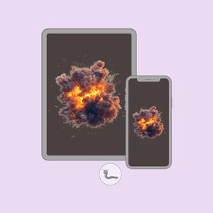 Puede incluir: Una tableta y un smartphone muestran un gráfico de explosión de fuego sobre un fondo oscuro. La explosión se representa con tonos naranja y gris oscuro, lo que sugiere calor y humo intensos. Los dispositivos están sobre un fondo lila claro.