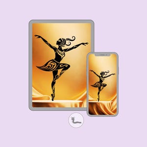 Fondo de pantalla de bailarina para teléfono y tableta: silueta elegante, escenario dorado, movimiento en quietud – Descarga digital