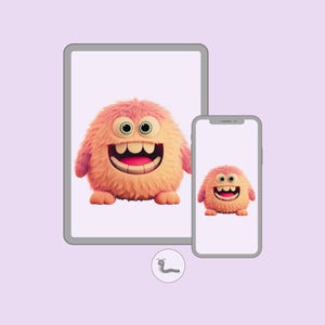 Puede incluir: Ilustración digital de un monstruo de dibujos animados con una gran sonrisa, mostrada en una tableta y un teléfono inteligente. El monstruo es de color melocotón con ojos grandes y una amplia sonrisa. Los dispositivos están sobre un fondo lila claro.