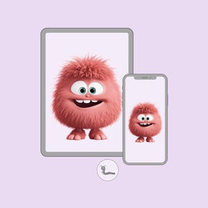 Puede incluir: Ilustración digital de un personaje de dibujos animados en una tableta y un teléfono inteligente. El personaje es una criatura esponjosa, de color rosa rojizo, con ojos grandes y una amplia sonrisa. Los dispositivos están sobre un fondo lila claro.