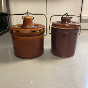 Vintage brown crock containers, glazed pottery