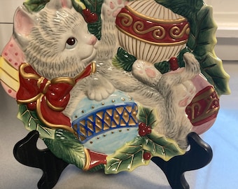 Fitz and Floyd kittens  and Christmas bulbs colorful dish