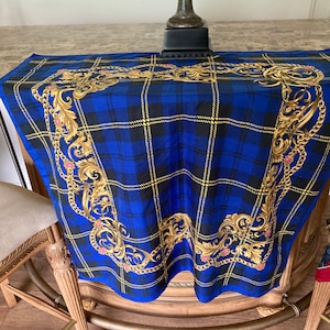 Regal gold swirl and royal blue plaid Italian scarf