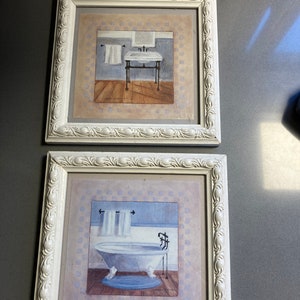 Carol Robinson signed claw tub and sink pair of prints in framed bathroom wall art