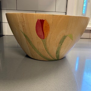 Hand painted wooden tulip bowl by Clay Art-so vintage!!