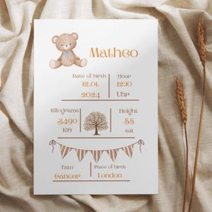 May include: A personalized baby announcement print featuring a watercolor teddy bear illustration. The print includes the baby's name, birth date, time, weight (3490 kg), height (55 cm), and place of birth, London.