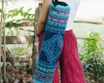 Blue Boho Bag, Blue Embroidered Yoga Mat Bag, Thailand Yoga Mat Bag, Meditation Instructor Gift Mat Bag, Exercise Mat Bag, Yoga Mat Carrier