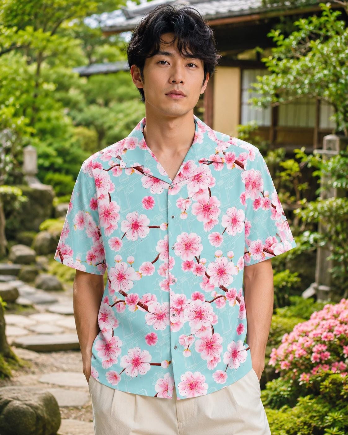 赤い桜島 1911's and Japanese Sakura Cherry Blossoms Men's Hawaiian Style