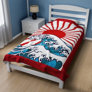 Japanese Imperial Flag and Great Wave Velveteen Plush Blanket, Soft Blanket, Japan, Japanese, Kanagawa, Great Wave, Asian Decor, Sofa Throw