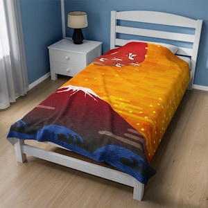 Mt Fuji Themed Velveteen Plush Blanket, Soft Blanket, Japan, Japanese Aesthetic, Cranes, Great Wave