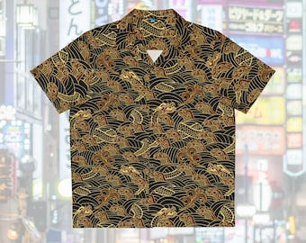 Dragons and Waves Hawaiian Shirt - Retro Japanese Style, Dragon, Japanese, Wave, ukiyo-e, Japan, Kanagawa, Great Wave