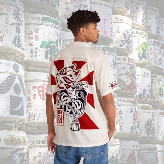 Daruma Kitsune Hawaiian Shirt Retro Japanese Style, Daruma