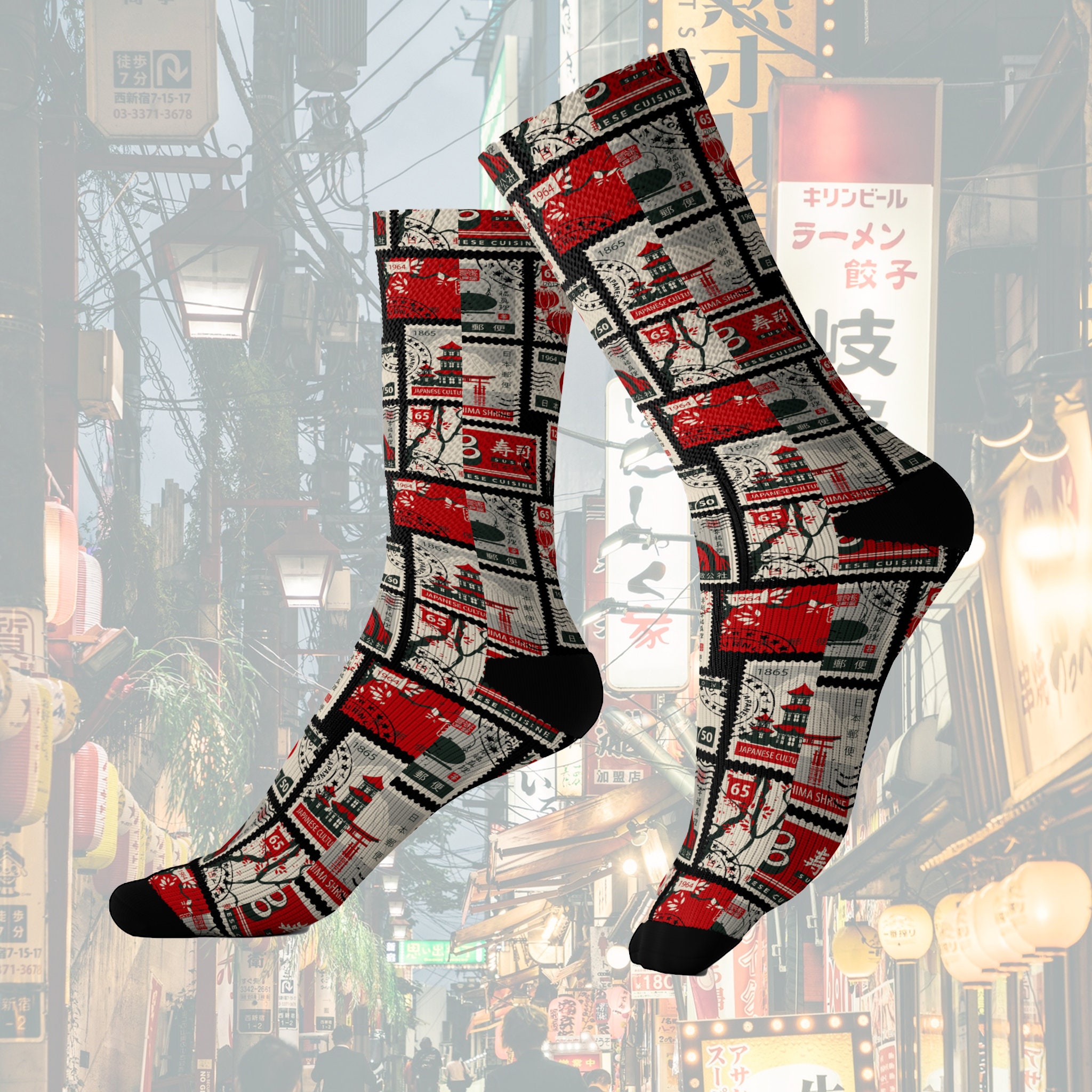 Japanese Stamps Socks, Japan Temples, Crazy Dress Socks