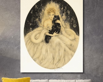 ルイ・イカール作「黒猫を抱く女性」アールデコプリント：シックな猫