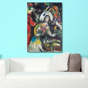 Bruid en geit print canvaskunst, Chagall la mariee canvas kunst aan de muur, Marc Chagall canvas, tentoonstelling poster, surrealisme klaar om muurkunst op te hangen