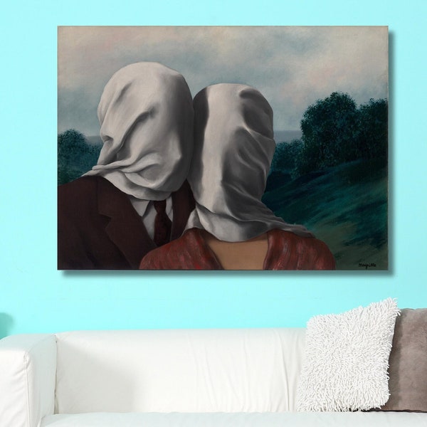 The Lovers Kissing Canvas Wall Art By Rene Magritte Poster ,René Magritte Artworks,Reproduction Print Wall Art,Trendy Modern Wall Art Decor