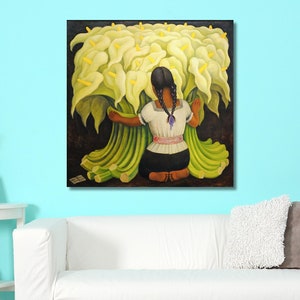 Il venditore di fiori di Diego Rivera, arte murale su tela, ragazza con gigli, decorazione murale floreale, stampa su tela grande di Diego Rivera, pronta da appendere