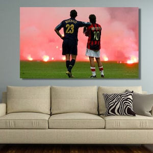 Stampa su tela Derby di Milano, stampa artistica del poster del Derby di Milano, stampa artistica Fairplay, decorazione da parete per la sala sportiva, poster artistico Materazzi e Rui Costa