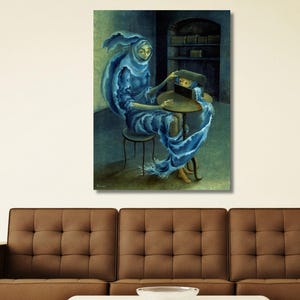 May include: A painting of a woman in a blue robe sitting at a table in a dark room. The woman is looking at a small box on the table. The painting is done in a realistic style and has a dark and mysterious feel.