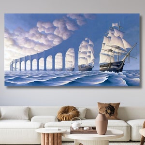 Gemälde von Rob Gonsalves Art Je nachdem von wo man schaut, sieht man entweder den Bogen einer langen Brücke oder ein Segel, Ready to Hang Canvas Art