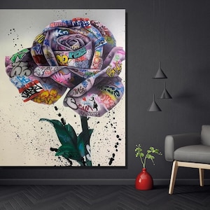 Arte mural de Banksy con grafiti de rosas, decoración de pared con grafiti de rosas, decoración de pared con grafiti de Banksy, impresión grande de regalo, lienzo enrollado o impresión lista para colgar