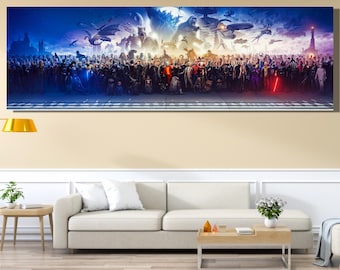 150 personajes de películas taquilleras, arte panorámico para pared, llamativo póster panorámico, regalo para fanáticos de las películas, nueva película de superhéroes, arte panorámico sobre lienzo para pared.