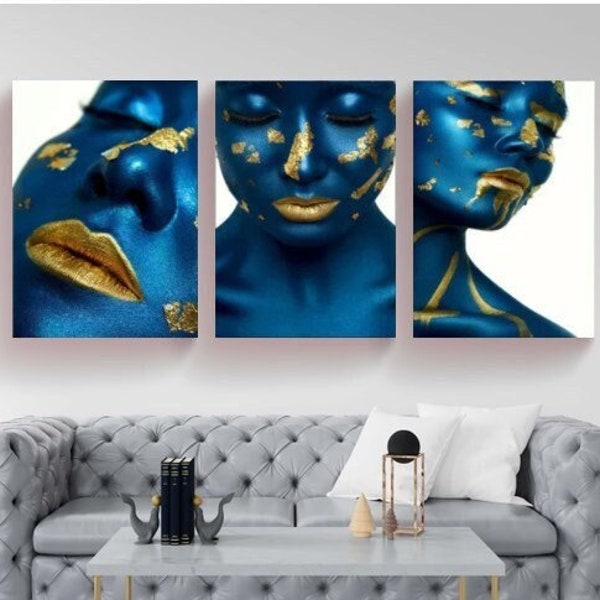 Set of 3 Blue African Woman Canvas Wall Art,Blue And Gold Canvas Art Print,African American Art,Blue Wall Decor,Blue Bodypainting Print Arts