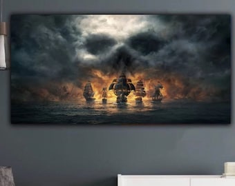 Lienzo de barco pirata, arte de calavera gótica, póster pirata, impresión de ilusión de calavera, pintura de barco, obra de arte moderna, decoración del hogar y la habitación.