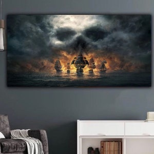 Pirate Ships Canvas Wall Art, Gothic Skull Art,Pirate Poster,Skull Illusion Print, Boat Ship Painting,Modern Artwork, Home & Room Decoration