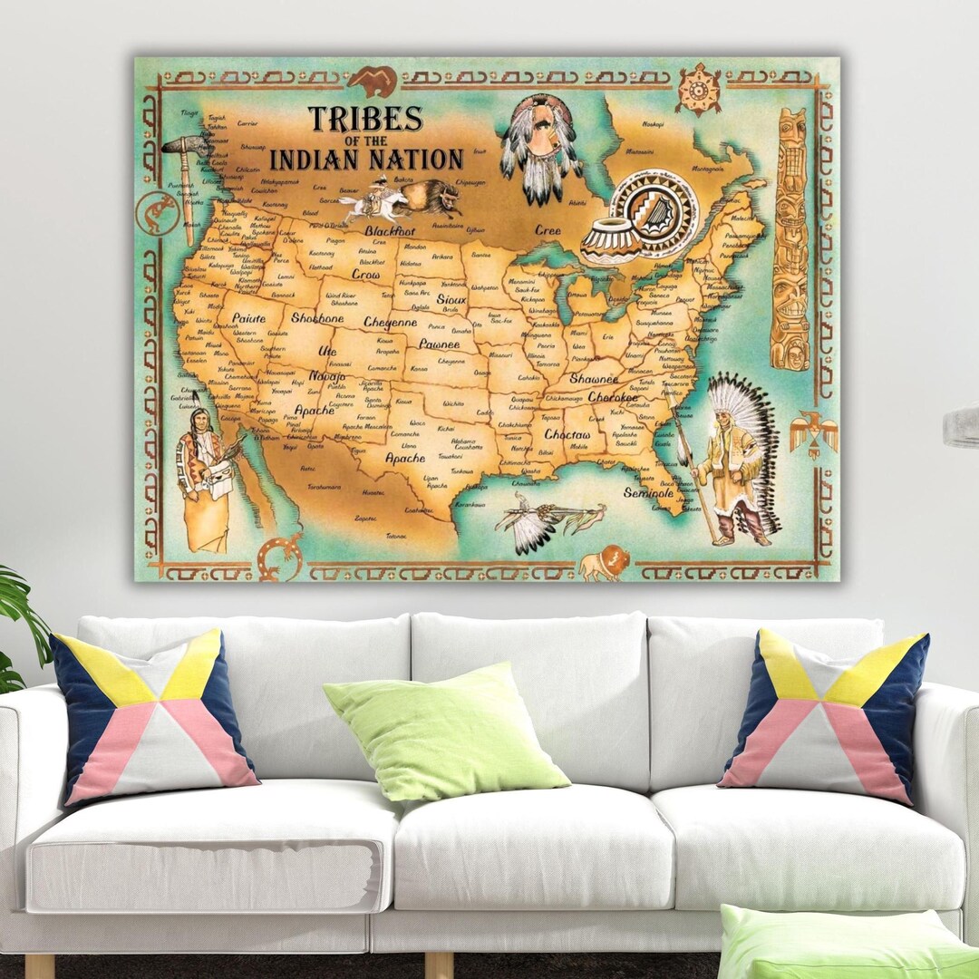 Retro Native Tribes Native American Tribes Map Canvas Ready to Hang Art, Print Poster ...