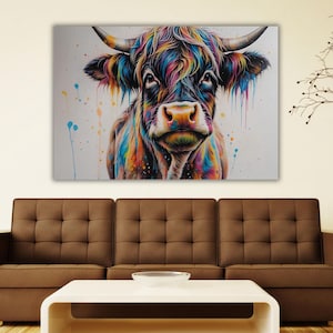 Highland Cows Canvas Poster, Colourful Scottish Cow Print Art, Farmhouse Decor,Rustic Wall Decor,Animals Painting,Scottish Cow Wall Art,Cow