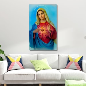 Virgin Mary Blessed Mother Immaculate Heart Of Mary Vintage Ready to Hang Canvas, Sacred Heart Of Mary, Religious Print, Mary Wall Art Print
