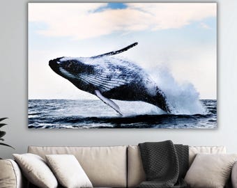 天空のクジラのキャンバス絵画、動物の壁飾り、満月の夜空のアート