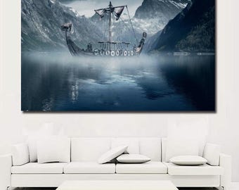 Viking Ship in Misty Fjord with Snow-Capped Mountains in Background Viking Ship Canvas Art Ragnar Lothbrok Poster Viking Poster Canvas Art