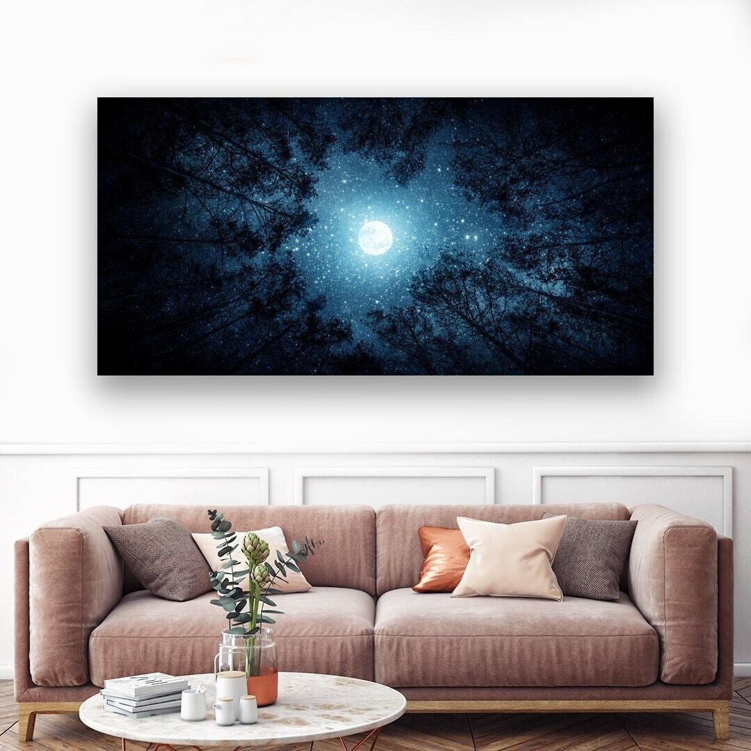 星と木々 すぐに飾れる壁掛けアート 森の夜 キャンバス絵画 紺色の夜空
