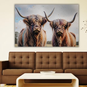 Highland Cows Canvas, Colourful Scottish Cow Canvas Print Art, Farmhouse Decor,Rustic Wall Decor,Animals Painting,Scottish Cow Wall Art,Cow