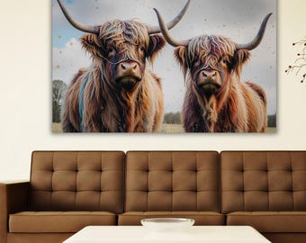 Mucche delle Highlands su tela, stampa su tela colorata di mucca scozzese, decorazione rustica per la casa di campagna, pittura di animali, arte murale con mucca scozzese.