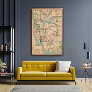 Karta över New Yorks tunnelbanesystem, karta över NYC:s tunnelbanekarta, vintagekarta, restaurerad, fin poster, kanvastavla, New York City kanvastavla, dekoration bild 1
