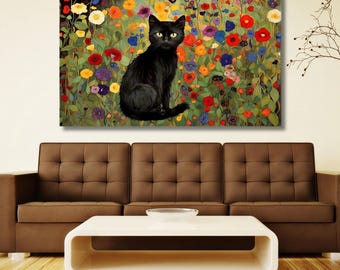 グスタフ・クリムトの庭の猫のプリント、クリムトの花の猫のポスター